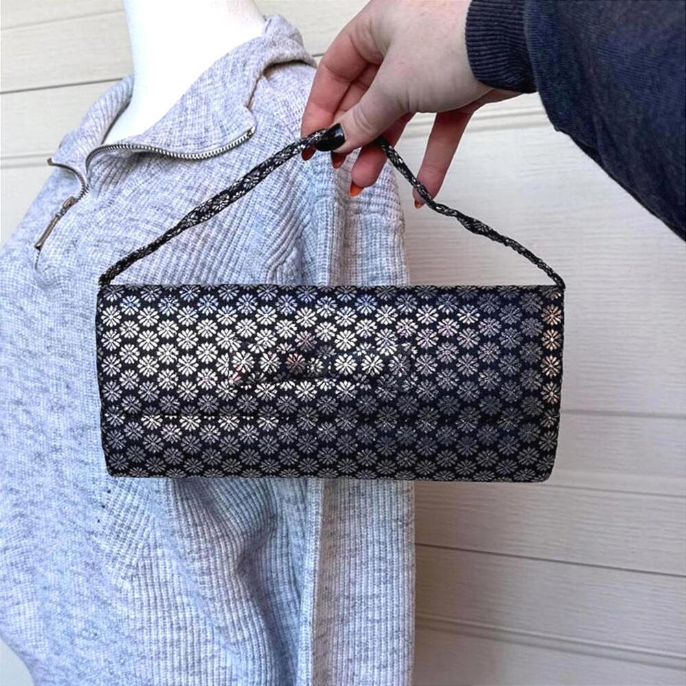 Vintage Style Black and Silver Structured Floral Pattern Handbag